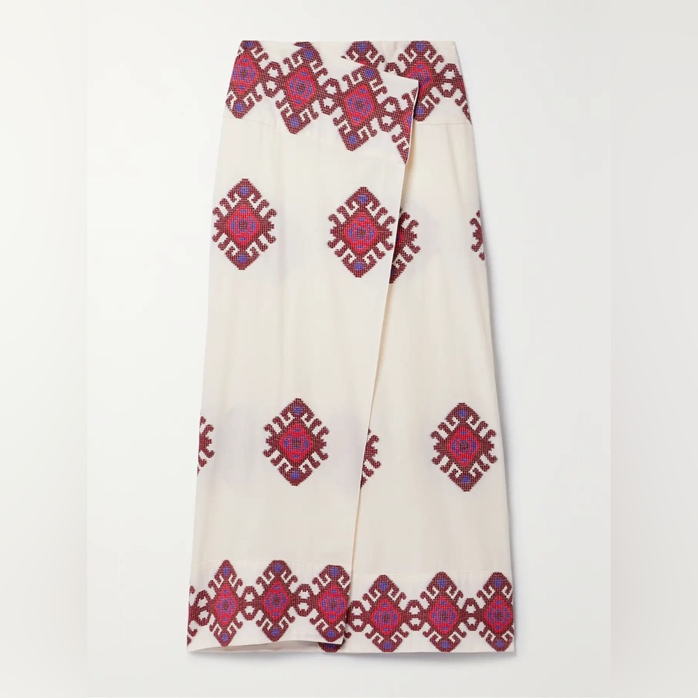 JOHANNA ORTIZ Beauty Abounds embroidered cotton midi wrap skirt Size 2 NEVERWORN